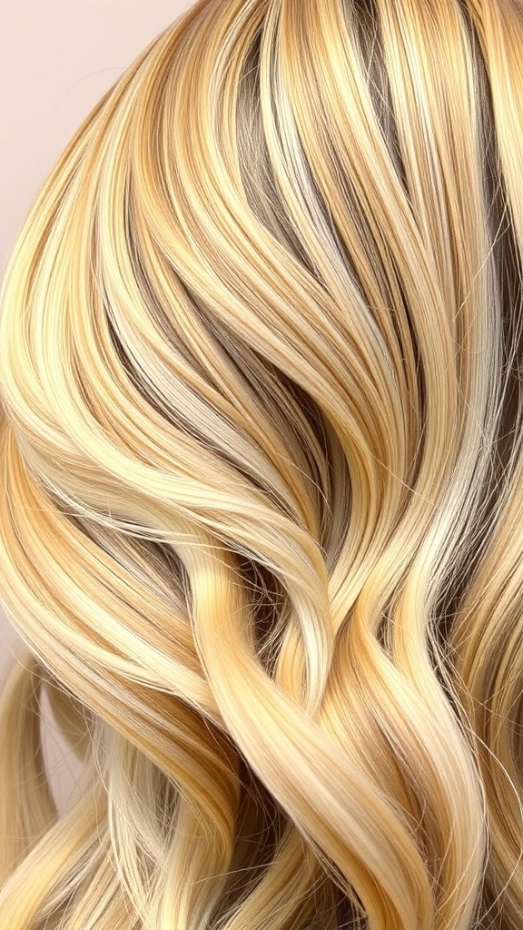 Butter Blonde Highlights Hair Color Close-up of hair with butter blonde highlights, showcasing warm golden tones.
